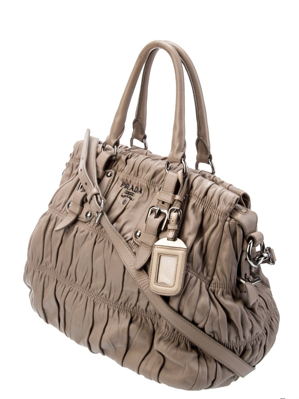 Prada Taupe Gaufre Gathered Leather Satchel - Picture 3 of 6